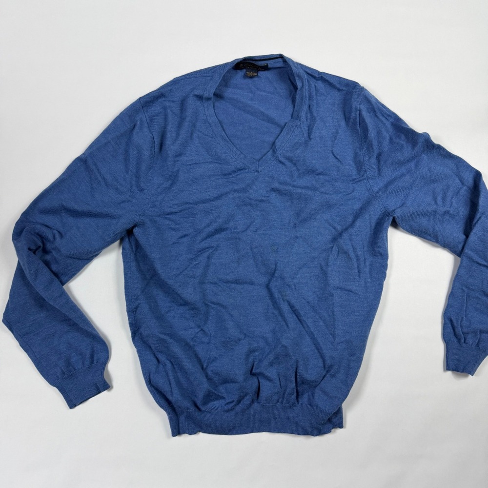 Brooks Brothers Italian Merino Wool V-Neck Sweater Mens Large Blue Washable